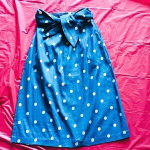 BLUE POLKA DOT SKIRT WITH SASH BELT,  COTTON BLEND, A-LINE MIDI, SMALL